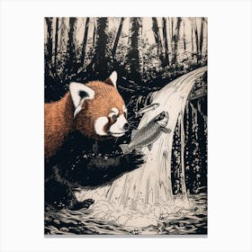 Red Panda Catching Fish In A Waterfall Ink Illustration 4 Canvas Print