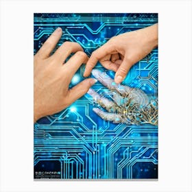 Cyber Abstract Digital Painting Of A Human Hand And A Robotic Hand Almost Touching Against A Backdro (4) Canvas Print