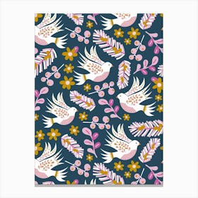 Folk Art Christmas White Doves and Pink and Gold Winter Florals on Navy Blue Canvas Print