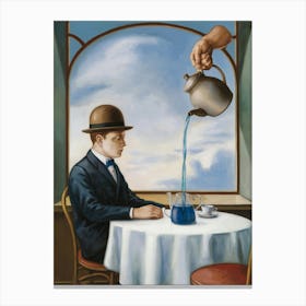 Bowler Hat Man & Blue Liquid Teapot In Dreamlike Atmosphere Canvas Print