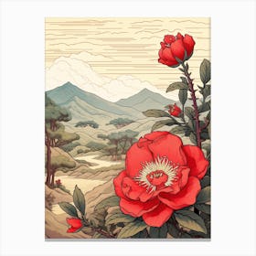 Higanatsu Red Camellia 2 Japanese Botanical Illustration Canvas Print