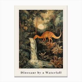 Dinosaur By A Waterfall Painting 4 Poster Canvas Print