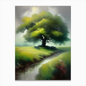 Oak tree, fine work of art, misty atmosphere, green meadow..7 Canvas Print