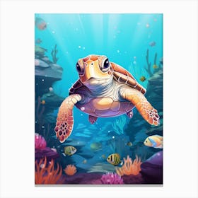 Curious Hawksbill Turtle With Fish Canvas Print