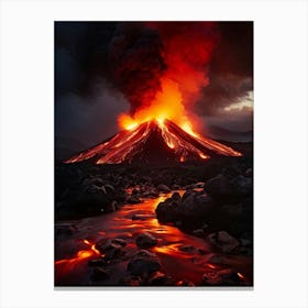 Molten Lava Erupting Dynamically Fiery Reds And Oranges Gleaming Against A Dark Volcanic Landscape Canvas Print