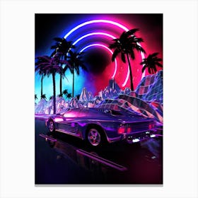 Neon landscape: Synthwave palms & car, outrun [synthwave/vaporwave/cyberpunk] — aesthetic retrowave neon poster Canvas Print