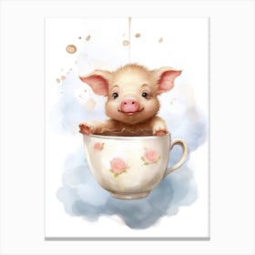Baby Tea Cup Pig Flying With Ballons, Watercolour Nursery Art 4 Canvas Print