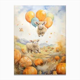 Sheep Flying With Autumn Fall Pumpkins And Balloons Watercolour Nursery 2 Canvas Print
