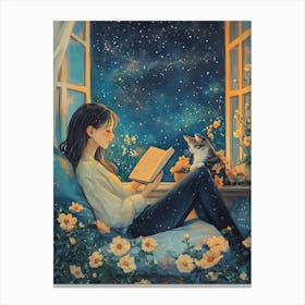 Girl Reading Book with Her Cat Canvas Print