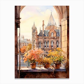 Window View Of Dublin Ireland In Autumn Fall, Watercolour 3 Canvas Print