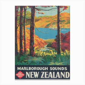 Marlborough Sounds New Zealand Vintage Travel Poster Canvas Print