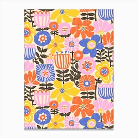 Into The Garden - Paper Flowers Collage Black Pink Orange Yellow Blue White Canvas Print