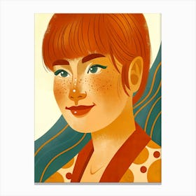 Asian Woman Girl with Red Hair, Freckles, Cheeks, Green Eyes, Illustration Stampe su tela