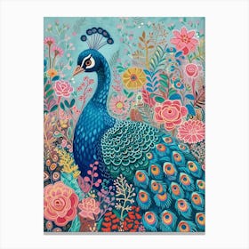 Floral Folky Peacock In The Meadow 1 Canvas Print