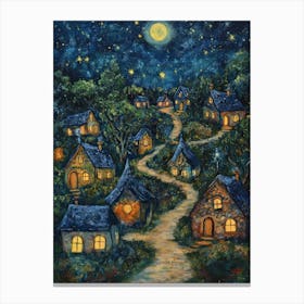 Village At Night With Stars and Moon In The Sky 7 Canvas Print