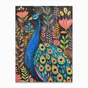 Folk Floral Peacock In The Wild 4 Canvas Print