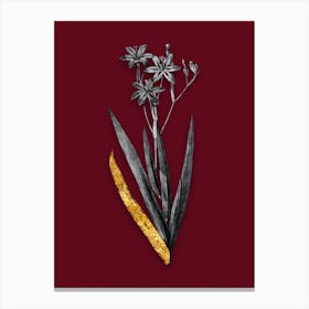 Vintage Blackberry Lily Black and White Gold Leaf Floral Art on Burgundy Red n.0682 Canvas Print