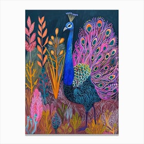 Folky Peacock In The Garden With Patterns 3 Canvas Print