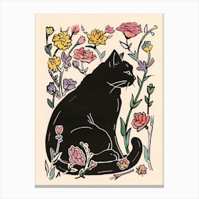 Cute Black Cat With Flowers Illustration 3 Canvas Print