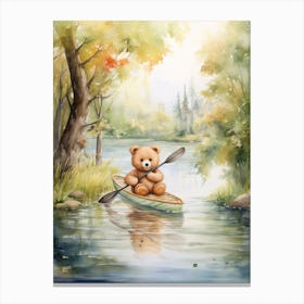 Canoeing Teddy Bear Painting Watercolour 3 Canvas Print