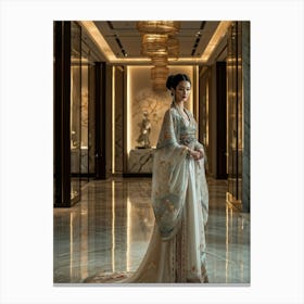 Asian Woman Stands Poised In A Luxurious Fashion Ensemble Contrasting Traditional Elements With Hig (4) Canvas Print