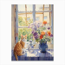Cat With Floxglove Flowers Watercolor Mothers Day Valentines 1 Canvas Print