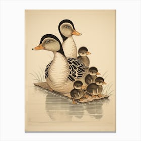 Group Of Ducklings Japanese Woodblock Style 2 Canvas Print