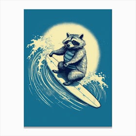 Raccoon Surfing Illustration Blue 1 Canvas Print