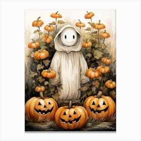 Cute Bedsheet Ghost, Botanical Halloween Watercolour 105 Canvas Print