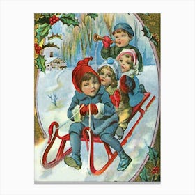 Kids Are Sledding In A Snow Canvas Print