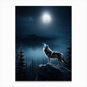 Howling Wolf Center Frame Midnight Wilderness Backdrop Full Moon Casting Silver Illumination Thro (3) Canvas Print