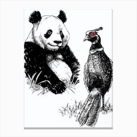 Giant Panda And A Blood Pheasant Ink Illustration 4 Canvas Print