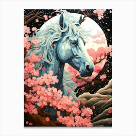 Blue Horse In Cherry Blossoms Canvas Print