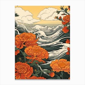 Great Wave With Marigold Flower Drawing In The Style Of Ukiyo E 3 Canvas Print