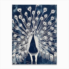 Navy Blue Linocut Inspired Peacock With Feathers Out 2 Canvas Print