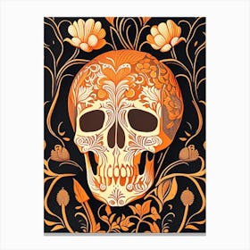 Skull With Floral Patterns 3 Orange Line Drawing Canvas Print