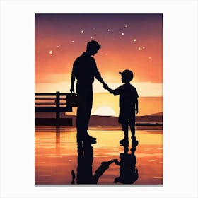 Father And Son Holding Hands At Sunset-Happy Father’s Day Canvas Print