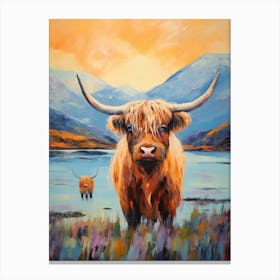 Highland Cows In The Loch Impressionism Style Paintings 1 Canvas Print