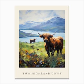 Two Highland Cows By The Mountains And Lake Canvas Print