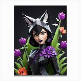 Low Poly Floral Fox Girl, Green (2) Canvas Print
