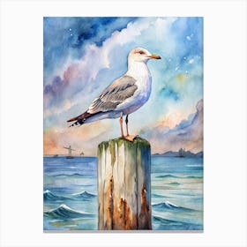 Seagull On A Wooden Post Canvas Print