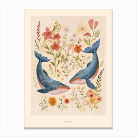 Folksy Floral Animal Drawing Whale Poster Canvas Print