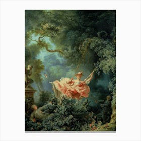 The Swing by Jean-Honoré Fragonard, Rococo Elegance and Romantic Whimsy Jean-Honoré Fragonard's The Swing (1767) epitomizes the Rococo style and romantic whimsy with its playful, sensual, and intricate depiction of a secret love affair. A young woman, elegantly dressed, swings exuberantly while her shoe flies toward a statue of Cupid, symbolizing erotic love, as her hidden lover gazes up from the bushes and an oblivious older man pushes the swing. The lush garden setting, rich with light and detail, creates a romantic yet ironic atmosphere, heightened by symbols like the swing (fickleness) and a dog (fidelity). Celebrated for its dynamic composition and narrative intrigue, the painting’s humor, sensuality, and technical mastery have made it an enduring icon of 18th-century art. Jean-Honoré Fragonard's The Swing is currently housed in the Wallace Collection in London, England. Canvas Print