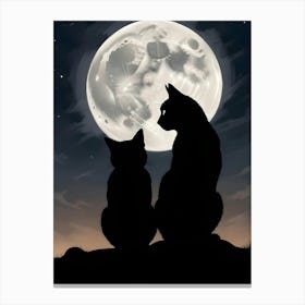 Silhouette Of Two Cats Under A Full Moon 2 Canvas Print