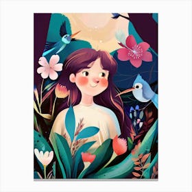 Luxmango Cute Little Girls With Birds And Flowers In Forest Canvas Print
