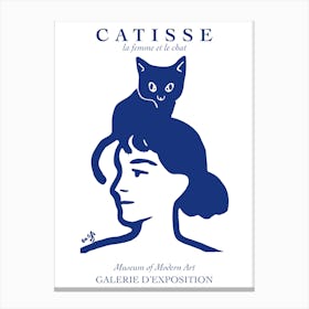 Cat Matisse Catisse Woman With Cat Blue Fun Blue Line Art Face Canvas Print