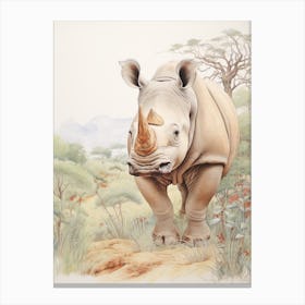 Rhino Walking Through Nature Vintage Illustration 4 Canvas Print