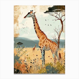 Giraffe In The Grass Colourful Illustration 3 Canvas Print