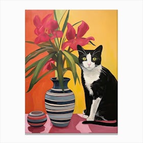 Orchid Flower Vase And A Cat, A Painting In The Style Of Matisse 0 Canvas Print