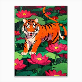 Tiger In Lotus Flower Canvas Print